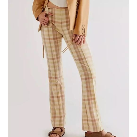Free People Women's The Way You Move Flare Pants Sz 6 Linen Blend Plaid Boho - Picture 1 of 8